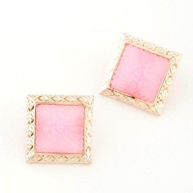 Square Pastel Pink Gold Rimmed Stud Earrings